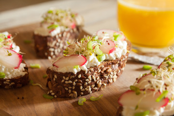 Snack sandwiches with cottage cheese and vegetables