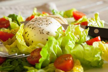 Fresh salad with mozarella cheese and cherry tomatoes, closeup