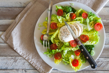 Fresh salad with mozarella cheese and cherry tomatoes, top view
