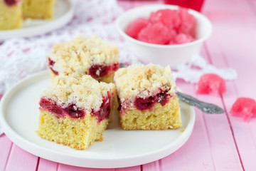 cherry pie with crispy crumbs. selective focus