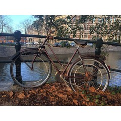 Fototapeta premium Vintage bicycle beside the canal in Amsterdam