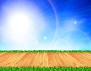 Natural wooden floor, green grass, blue sky