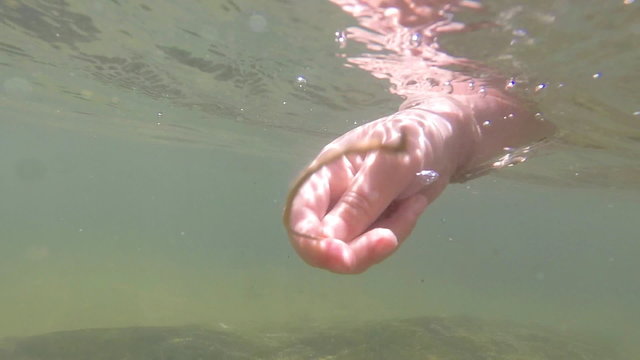 Slow motion of hand playing with the leaf under water