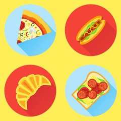 Set of fast food flat icons. Pizza, hot dog, croissant, sandwich