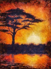 Sunset in africa with a tree silhouette, beautiful colorful pain