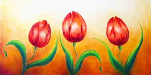 Fototapeta premium Flower motive, three dancing red tulip flowers, beautiful bright