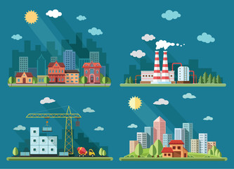 icons set. large city on the background of a country house, city