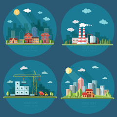 icons set. large city on the background of a country house, city