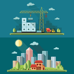 landscape illustration set. large city on the background of a co