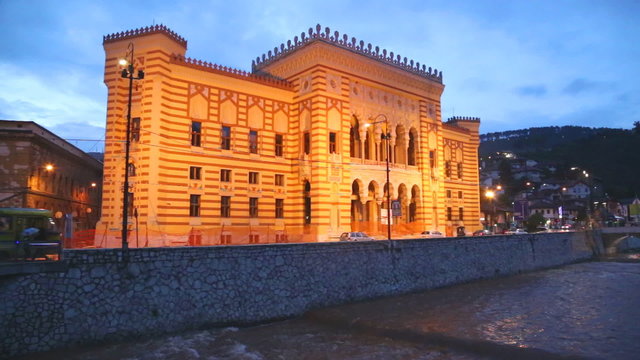 SARAJEVO, BOSNIA - MARCH 2014: National and University Library of Bosnia and Herzegovina illumatined at night