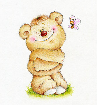 Cute Teddy bear hugging himself
