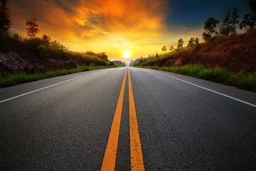 Foto op Canvas beautiful sun rising sky with asphalt highways road in rural sce © stockphoto mania