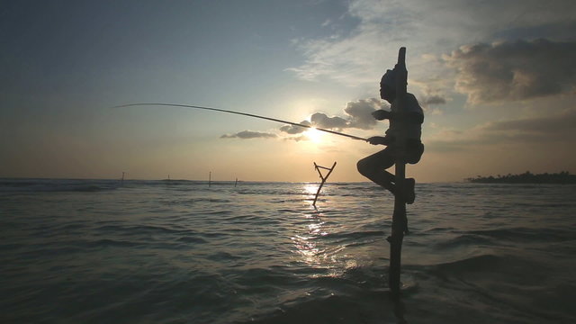 GALLE, SRI LANKA - MARCH 2014: Silhouette of elderly fisherman on a fishing pole at sunset. Stilt fishing is a tradition that only 500 fishing families of Galle practice.