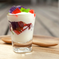 Closeup Yogurt jelly on wooden plate