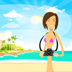 woman tourist with photo camera summer travel vacation sea ocea