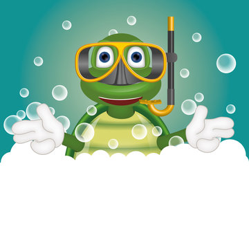 Funny turtle with diving mask in bathtub