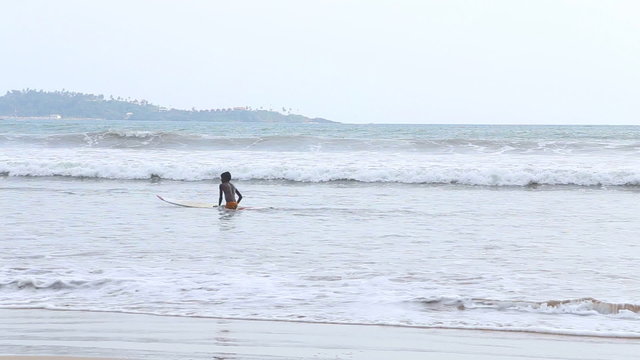 WELIGAMA, SRI LANKA - MARCH 2014: The view of a surfer in the ocean in Weligama. The term Weligama literally means "sandy village" which refers to the area's sandy sweep bay.