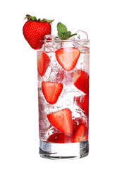 Glass Of Cold strawberry Drink with ice isolated on white backgr