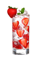 Glass Of Cold strawberry Drink with ice isolated on white backgr