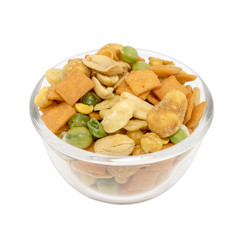 Various snack in a glass bowl