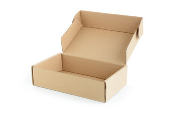 Open brown cardboard box isolated on white background