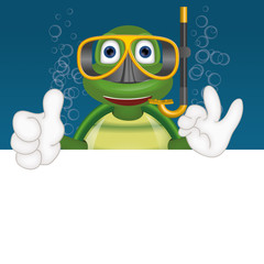 Funny turtle with diving mask under water comic cartoon