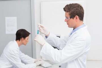 Scientists working attentively with test tube and computer