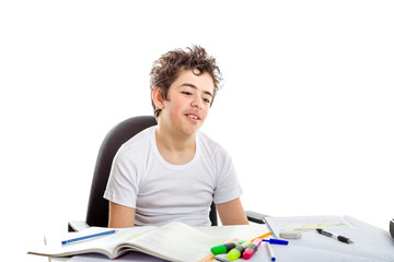 Fototapeta na wymiar Acne Caucasian Teenager astonished in front of homework