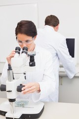 Scientists working with microscope and computer