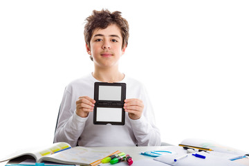 Acne Caucasian Teenager holding a white balance grey signboard w