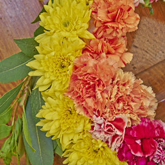 colorful flowers wreath partial view closeup