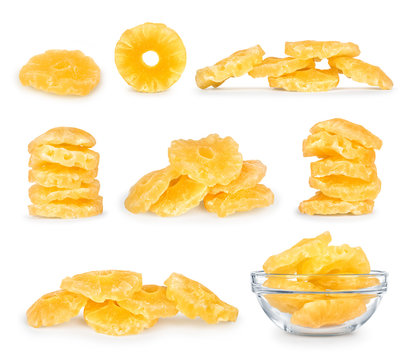 collection of dry slices of pineapple on a white background