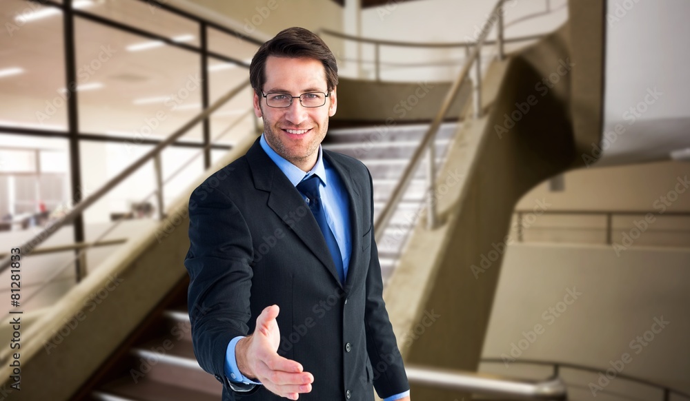 Poster composite image of hand being offered by smiling businessman