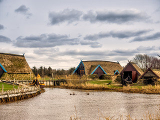 Viking harbor with longboats in Bork - obrazy, fototapety, plakaty