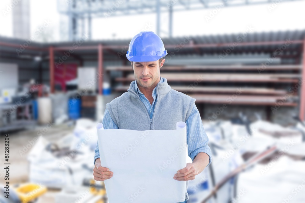 Poster Composite image of architect reading blueprints