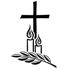 Trauermotiv mit Kruzifix, Kerzen und Zweig / Vektor