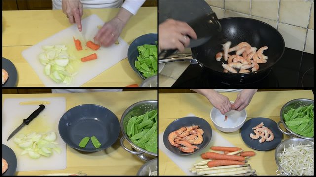preparation of shrimp fried in a wok