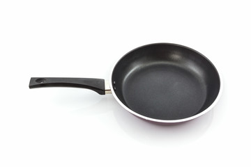 Black frying pan with handle.