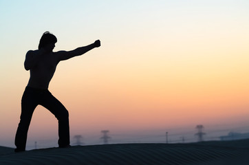 The man silhouette in desert at sunset staying in combat stance