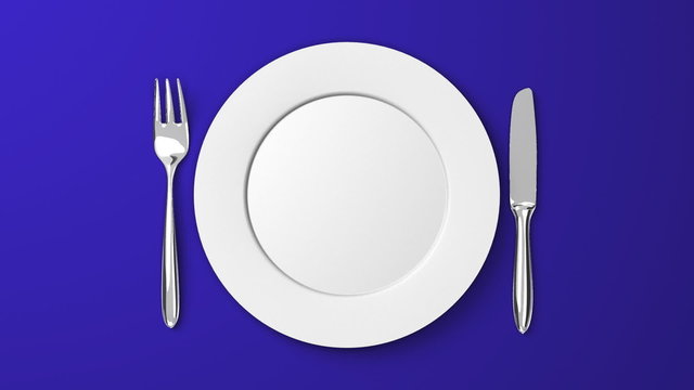 Top View Of Cutlery And Dish On Blue Background