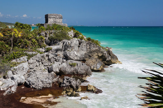 Picturesque view of ancient temple on the rock and the Caribbean