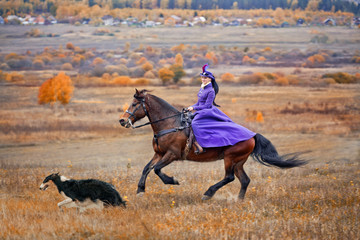 Lady in riding habbit XIX Century  at horse hunting