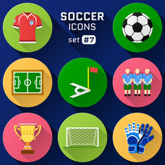 Color flat icon set of soccer elements. Pack of football symbols