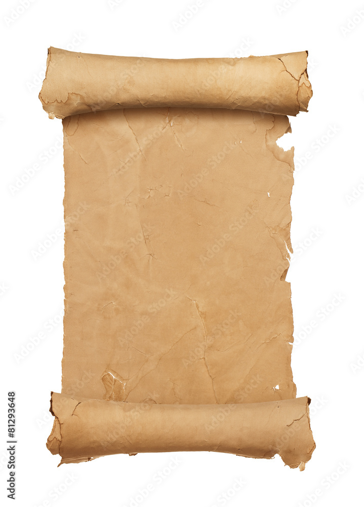 Poster vintage blank paper scroll isolated on white background with cop