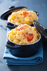 baked macaroni with cheese in blue casserole