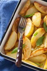 baked potato wedges in enamel baking dish