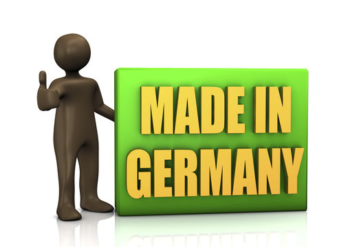 Schild Made in Germany, 3D Illustration, schwarze Comic-Figur