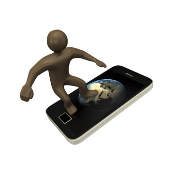 Smartphone surfer, 3D Illustration mit schwarzer Comic-Figur