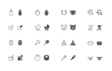 Baby goods outline and filled icon set