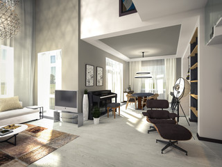 3D visualization of a living room with a high ceiling